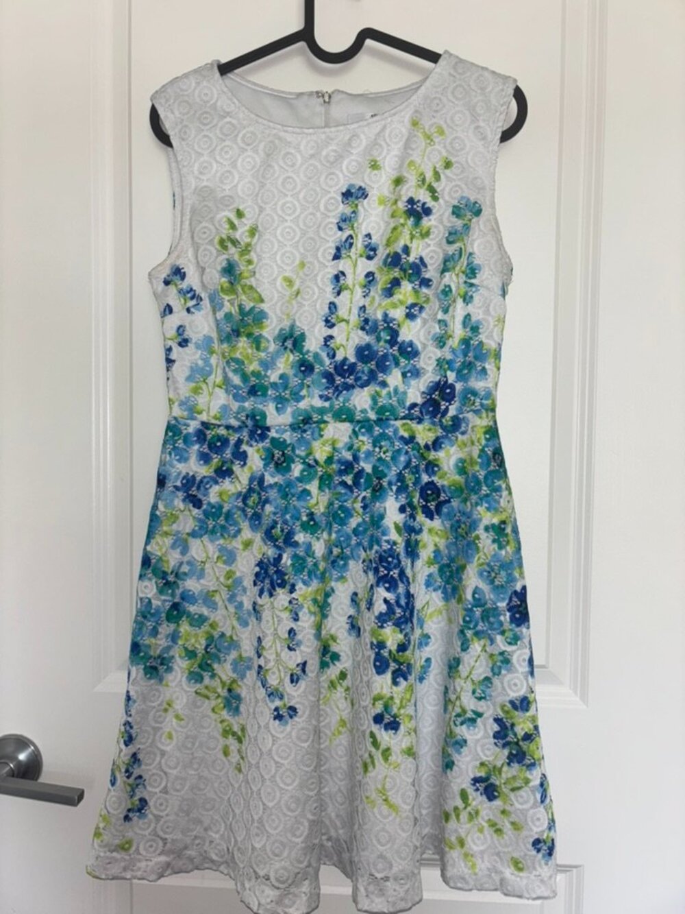 White with blue floral lace dress